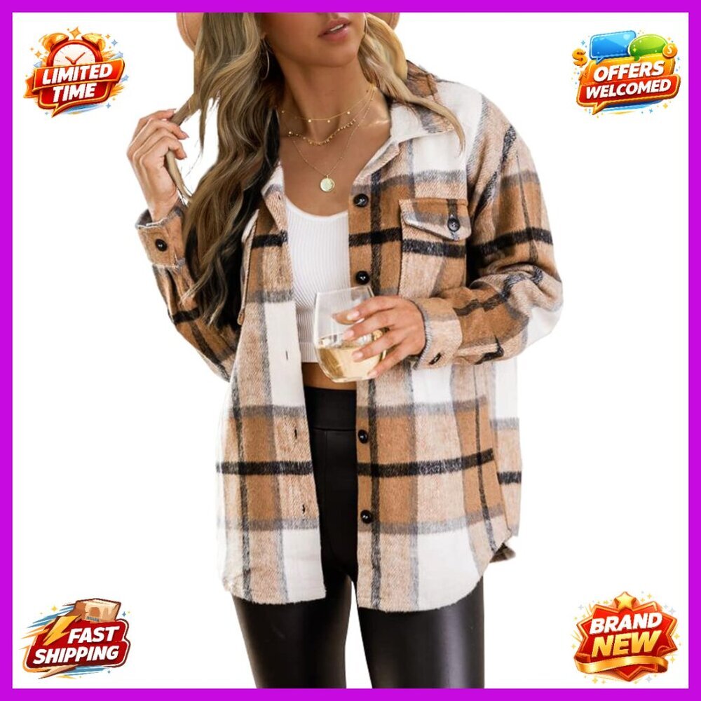 Flannel Shacket Plaid Button Down Long Sleeve Casual Jacket Loose Fit